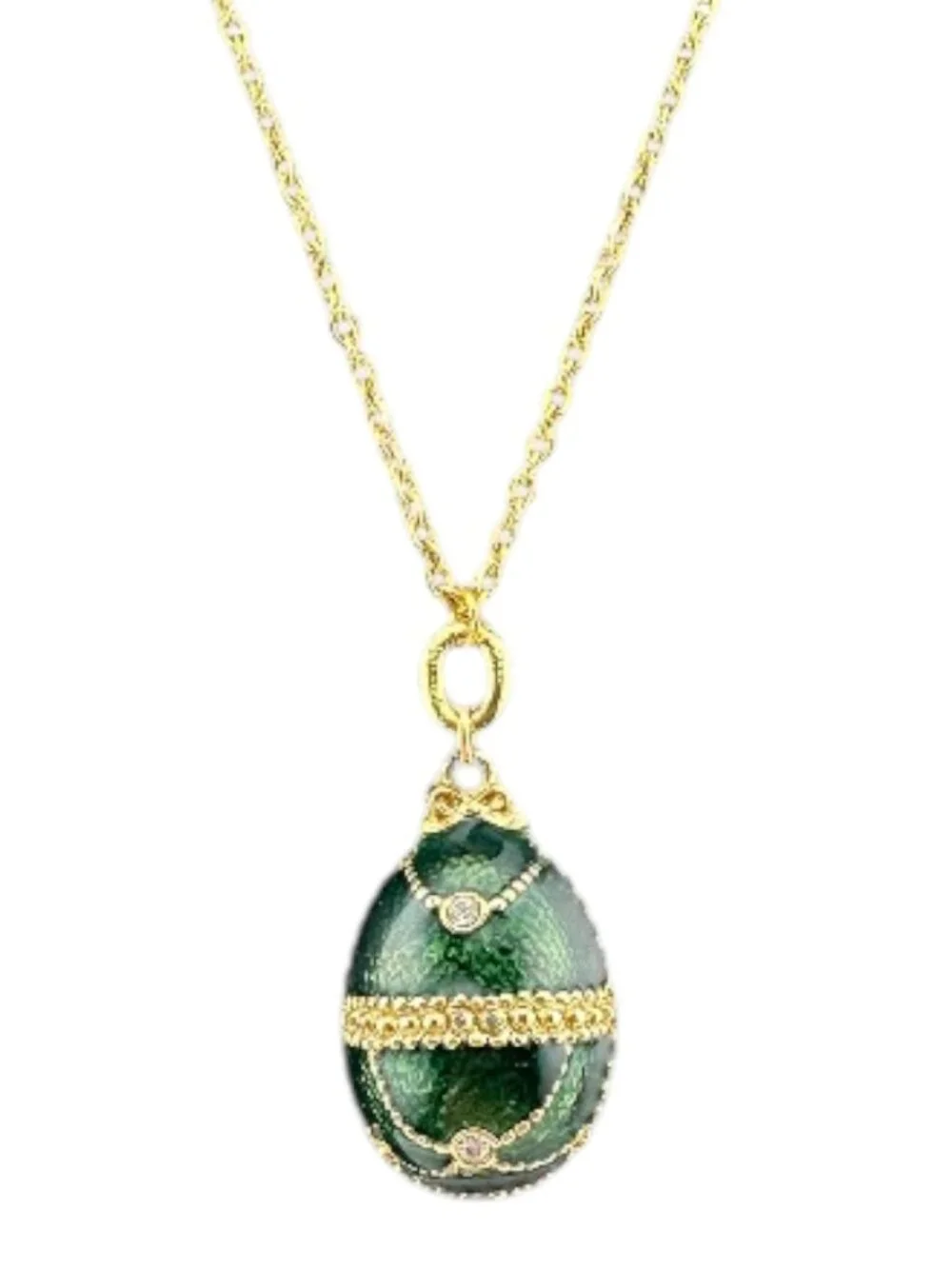 Faberge Egg Necklace Emerald Green Pendant Gold Tone Stainless Steel 18